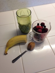 Mixed berries + banana + almond milk + PB
